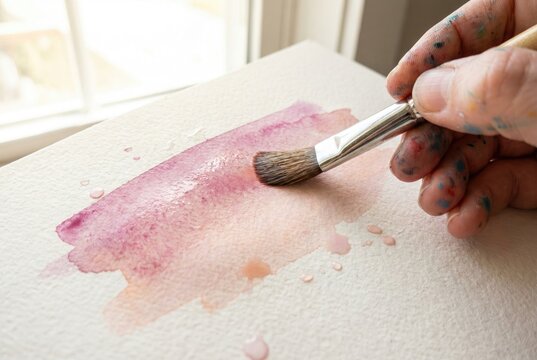 Artist hand using a wet brush to paint pink watercolor strokes on textured paper