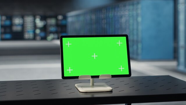 Isolated screen tablet used to do yearly checkup to prolong data center electronics life span and avoid downtime. Mockup device in server farm monitoring infrastructure rigs, preventing crashes