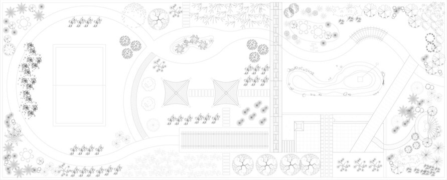 Technical landscape plan view showing comprehensive garden design with trees, shrubs, pathways, water features, patios, structures and various planting areas.