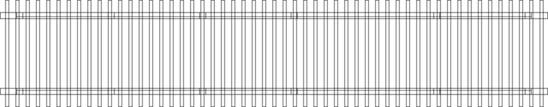 Technical architectural elevation drawing showing long fence or railing system with vertical posts, horizontal rails and repetitive modular pattern.