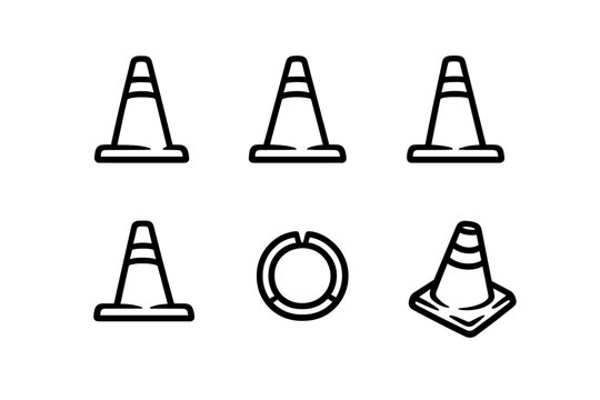 Set of minimalist traffic cone icons for road safety and construction site warning signs on white background