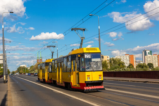 Modern tram in Warsaw in a sunny day, Warsaw