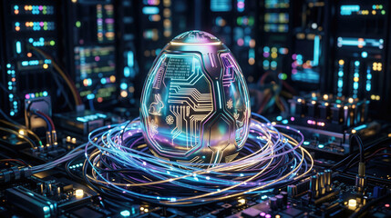 Fototapeta na wymiar Futuristic metallic Easter egg with digital circuit pattern and neon lights on server motherboard. Advanced technology, artificial intelligence concept for modern holiday celebration.