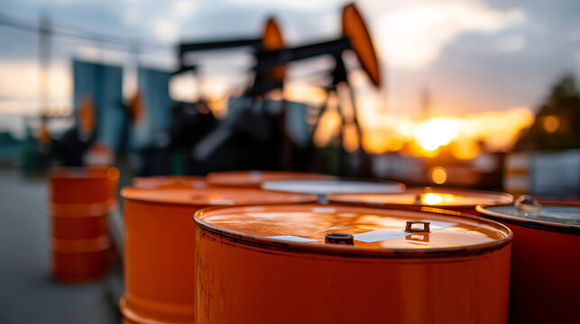 Stacked orange barrels under sunset near oil pumping station, industrial landscape with warm tones and construction elements in background concept, defocused background, with copy