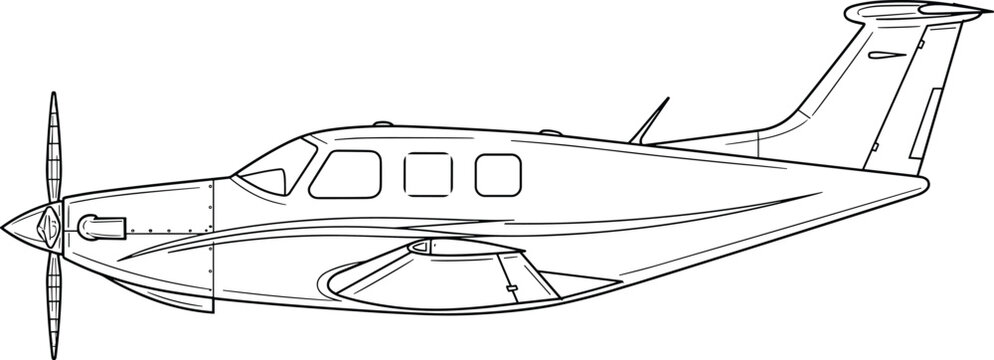Hand drawn black and white line art illustration of a small propeller plane or private aircraft side view isolated on white background for aviation