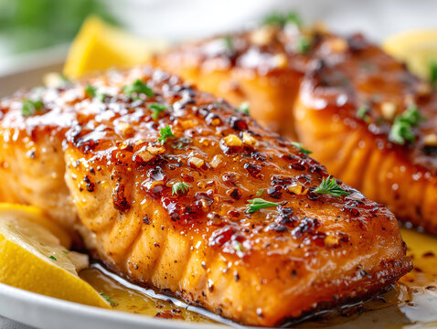 Honey glazed salmon fillet with garlic and herbs served with lemon slices. Close-up of roasted fish with crispy skin and sticky sauce, delicious healthy seafood meal, macro shot