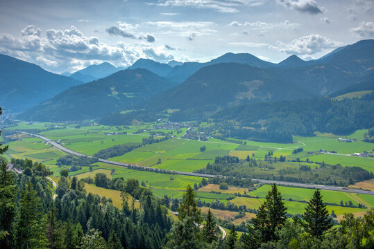 Panorama view of rural landscape of Styria in Austria