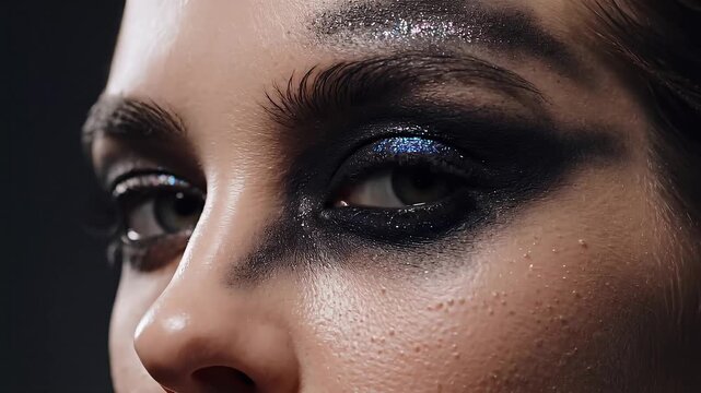 A close-up captures a woman's intensely dramatic, fashion-forward makeup style, focusing on the eyes' alluring appeal and smoky eyeshadow