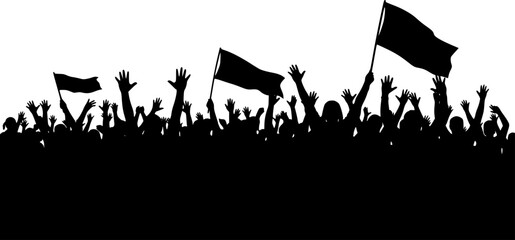 Naklejka premium Silhouette crowd of people with raised hands and flags celebrating on white background cheering 