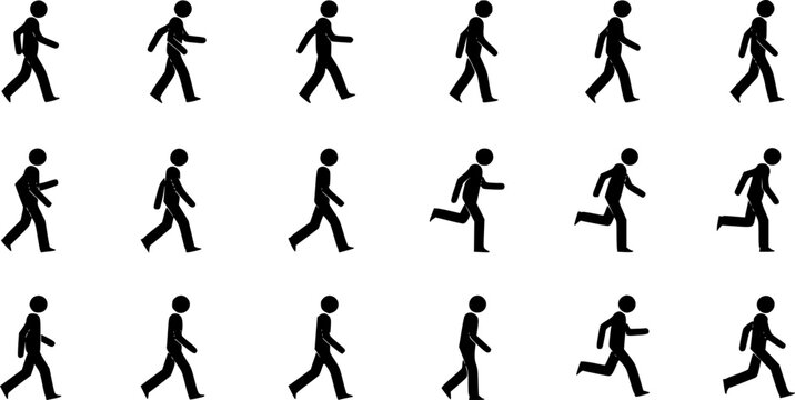 black silhouettes of people walking in profile on a white background Keywords: people, silhouette, walking, movement
