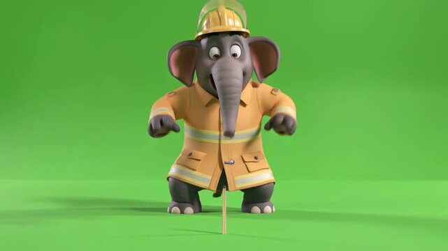Cute cartoon elephant in yellow firefighter uniform and hard hat standing on green background with smoke effects