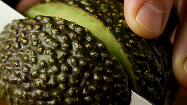 Close-up of avocado skin being cut with a knife, showcasing textured details