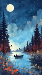 Fototapeta premium 幻想的な光と自然が調和するスピリチュアルな世界観を描いたイラスト、心を癒す穏やかな雰囲気と神秘性を感じさせる表現、瞑想や精神的癒しに適した素材