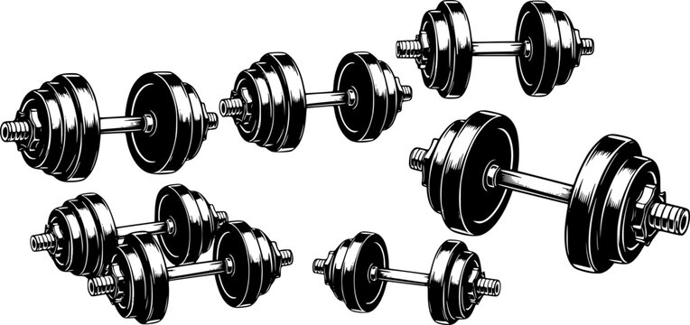 Set of dumbbells and barbells for the gym. Black icon for fitness and sports center. Barbell and dumbbells logo design. Vector illustration, EPS10.
