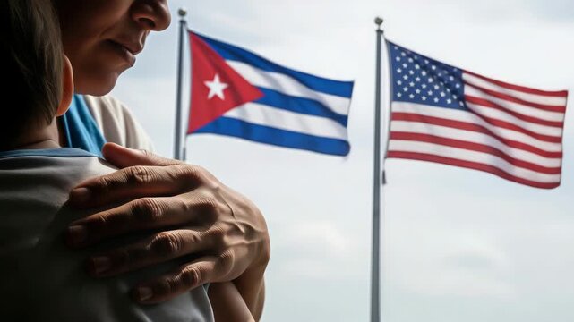 Woman hugging child with Cuban and American flag in background. Symbol of diplomacy and reunification between nations. Concept of peace, new beginning and hope.
