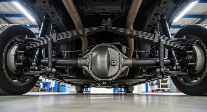 Low-angle view of a truck or SUV undercarriage, showing the rear axle, leaf spring suspension, and exhaust system.