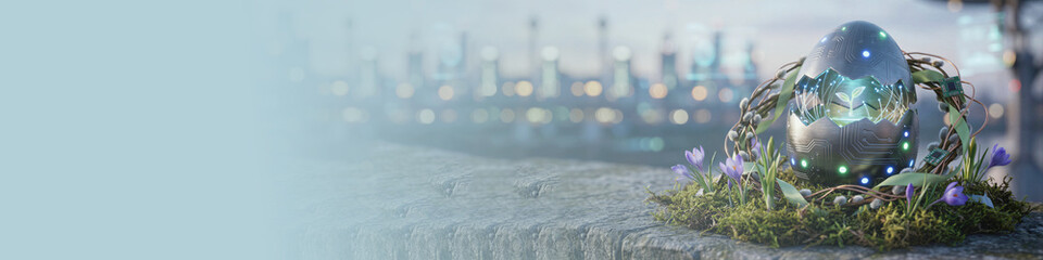 Futuristic cyber Easter egg decorated with crocus and greenery. Digital circuit integrated into egg shell with glowing light. Innovative concept for modern holiday celebration. Banner with copy space