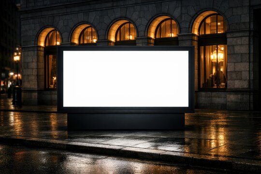 blank illuminated outdoor billboard mockup at night on wet rainy sidewalk, glowing copyspace display against luxury stone building with arched windows, concept of advertising, marketing, urban