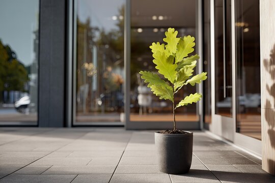 Small oak sapling in a pot on a modern tiled patio outside an office building
