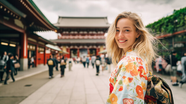 和服姿の外国人女性が観光地を散策しながら笑顔を見せる魅力的なイラスト、日本文化や旅行体験を表現したビジュアル、街並みや歴史的背景と調和した雰囲気、観光広告や動画素材にも使える印象的な構図