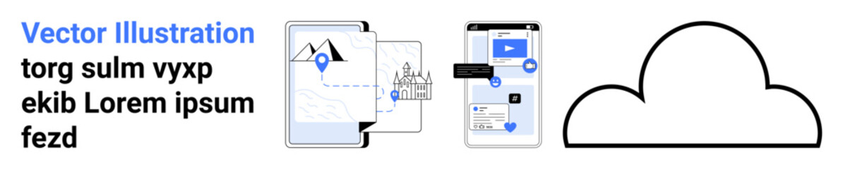 Fototapeta premium Cloud computing, digital maps, data storage, technology interface, GPS services, online tools. Graphics show devices with location markers and a cloud icon. Cloud computing and digital maps concept