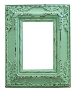 Vintage Distressed Green Picture Frame, Empty Isolated on White 