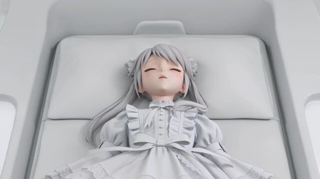 3D rendering of anime-style girl with long silver hair lying on a white futon mattress with closed eyes in a serene and peaceful atmosphere