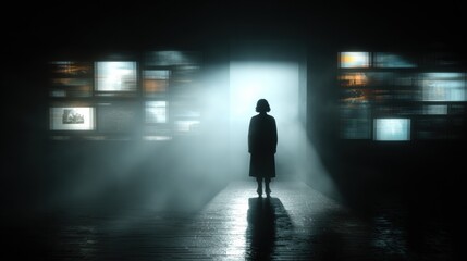 Fototapeta premium Exploring Anonymous Access to Knowledge With Silhouette Against Floating Data Panels in a Dark Space