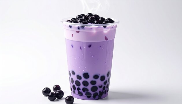 Refreshing Taro Bubble Tea with Tapioca Pearls in Clear Cup.
