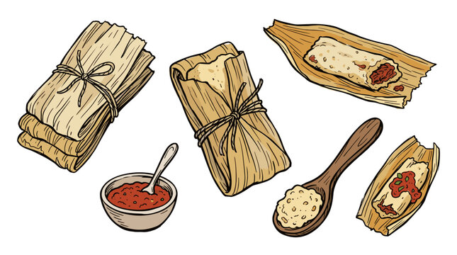 Hand drawn tamale vector set with tied bundles, open corn husks showing meat filling, red salsa bowl, and masa dough on wooden spoon. Traditional Mexican food illustration.