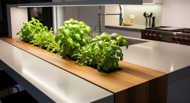 A sleek, modern kitchen island featuring an integrated trough for growing fresh basil plants under built-in lighting.