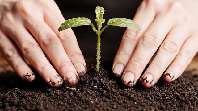Closeup Hands Planting Young Green Seedling in Rich Dark Garden Soil