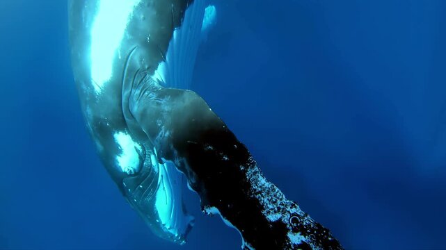 Beneath the waves, a Humpback Whale glides effortlessly through the Pacific Ocean. We see close up views of the whale's fluke and body as it navigates its underwater realm during daytime.