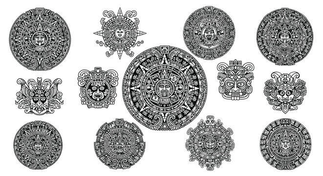 Ancient Mayan Calendar Glyphs and Symbols Collection - Black and White Line Art
