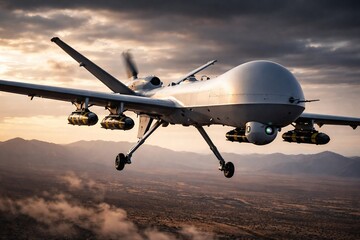 Obraz premium War drone flying in the night sky with a full moon, advanced military technology, aerial surveillance, defense, security, tactical operation, unmanned aircraft on a strategic mission