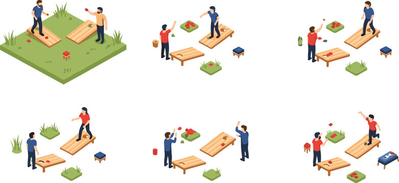 Isometric People Playing Cornhole Vector Set Featuring Outdoor Lawn Games Bean Bag Toss Competition And Friends Socializing For Backyard Party Summer Festival And Recreational Activity