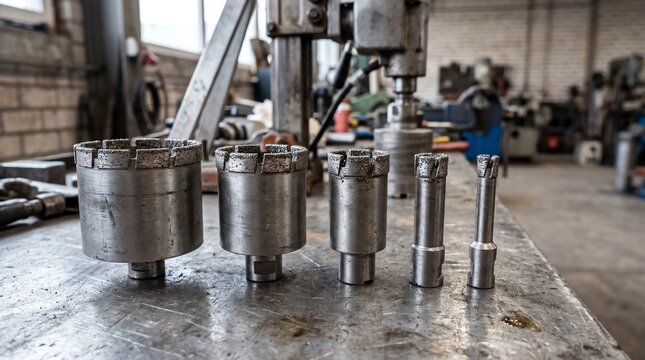 Diamond core drill bits in various sizes on workshop bench