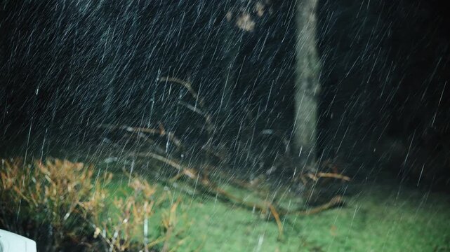 Heavy nighttime rainstorm with strong wind and rain in a forest, branches and trees moving during a severe thunderstorm.