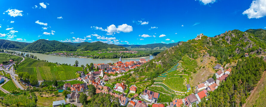 Panorama view of Durnstein village at Wachau valley in Austria
