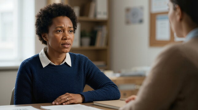 Parent talking to teacher during conference. Concerned Black woman in a school meeting. Professional discussion about student progress. African American mother listening to educator in office