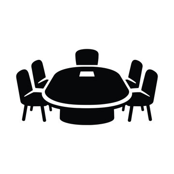 A minimalist black silhouette icon representing a professional boardroom table with five chairs