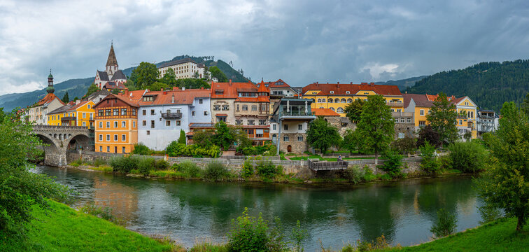 Riverside of Mura at Murau in Austria