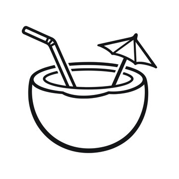 A simple black and white line art illustration of a tropical coconut drink with a straw and parasol