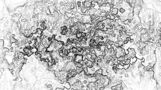 Thin black contours spread like a complex flow map across a light surface. Detailed turbulence patterns create organic structures with subtle depth.