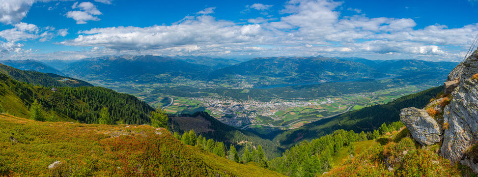 Panorama view of Spittal an der Drau and Millstatter see lake in Austria