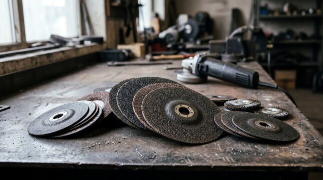 Cutting and grinding discs in various sizes on workbench