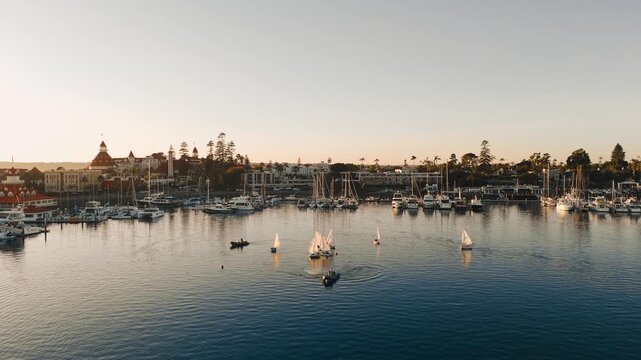 Coronado Yacht Club and Del Coronado Hotel in coronado california, sunset, golden hour, beautiful view, 