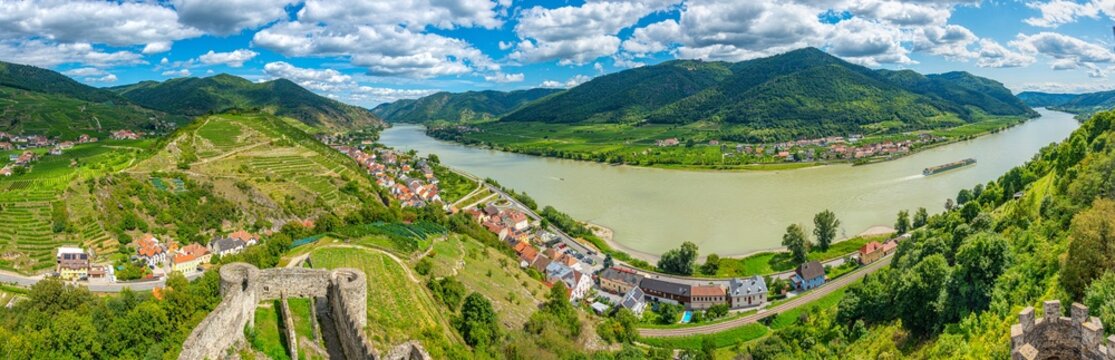 Panorama view of Spitz an der Donau village in Austria