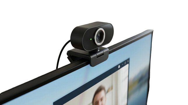 Black webcam on a computer monitor with video call on screen