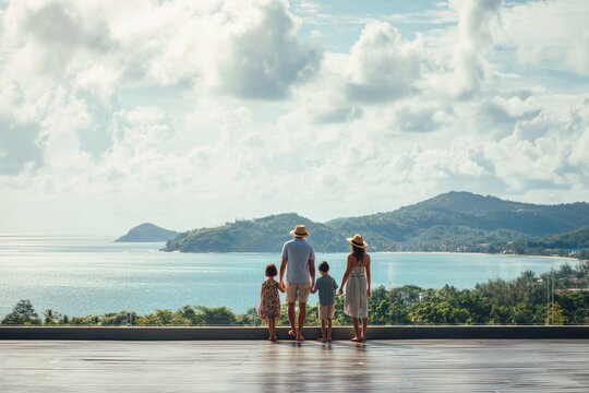 family of four standing on the terrace overlooking the view vacation in phuket, thailand concept the asian family is wearing casual and holding hands while looking at the beach landscape Generative AI
